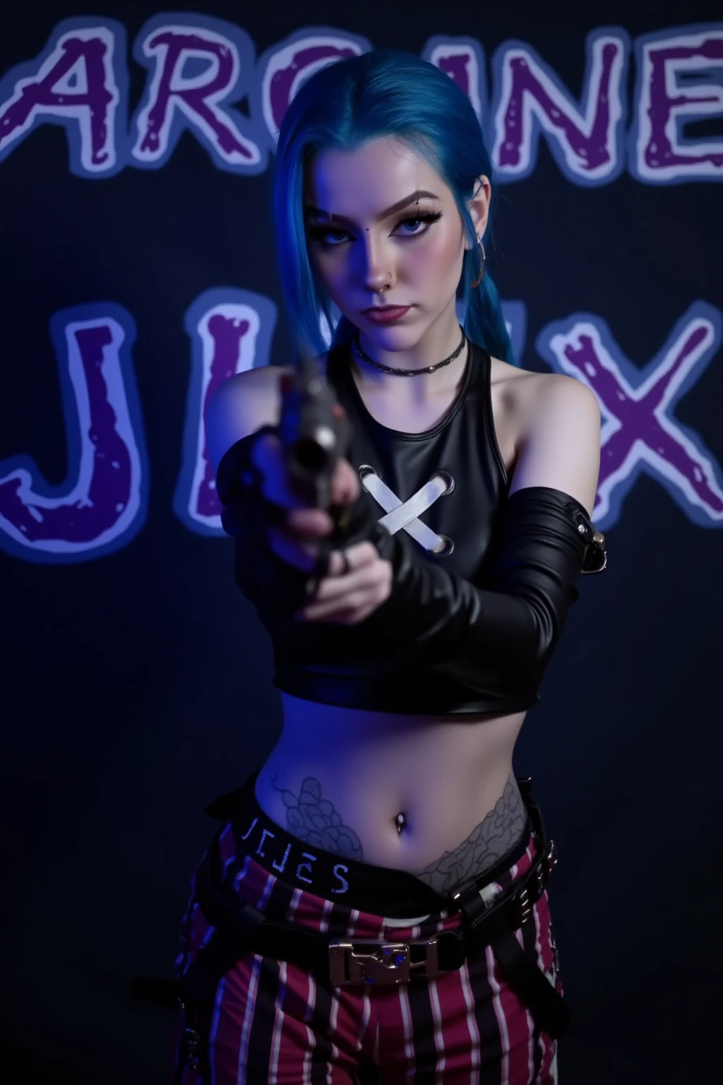 JinxA, a portrait-style photograph featuring JinxA, standing against a backdrop with the text 'ARCANE' and 'JINX' in bold, stylized glowing letters on a dark blue background. The subject is a girl with light skin and striking blue hair styled in a dramatic, swept-back fashion. She are wearing a black leather crop top with a distinctive cross design on the chest, revealing a tattoo on their abdomen. The outfit includes maroon pants with white vertical stripes and a large belt with a metallic buckle. The girl is holding a gun, pointing it towards the camera, and wearing fingerless gloves. Her makeup is bold, with dark lipstick and eye makeup that accentuates her features, 