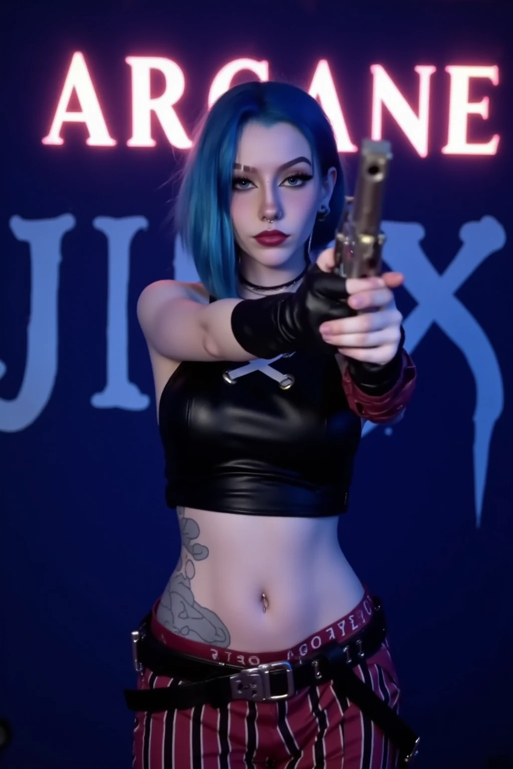 JinxA, a portrait-style photograph featuring JinxA, standing against a backdrop with the text 'ARCANE' and 'JINX' in bold, stylized glowing letters on a dark blue background. The subject is a girl with light skin and striking blue hair styled in a dramatic, swept-back fashion. She are wearing a black leather crop top with a distinctive cross design on the chest, revealing a tattoo on their abdomen. The outfit includes maroon pants with white vertical stripes and a large belt with a metallic buckle. The girl is holding a gun, pointing it towards the camera, and wearing fingerless gloves. Her makeup is bold, with dark lipstick and eye makeup that accentuates her features, 