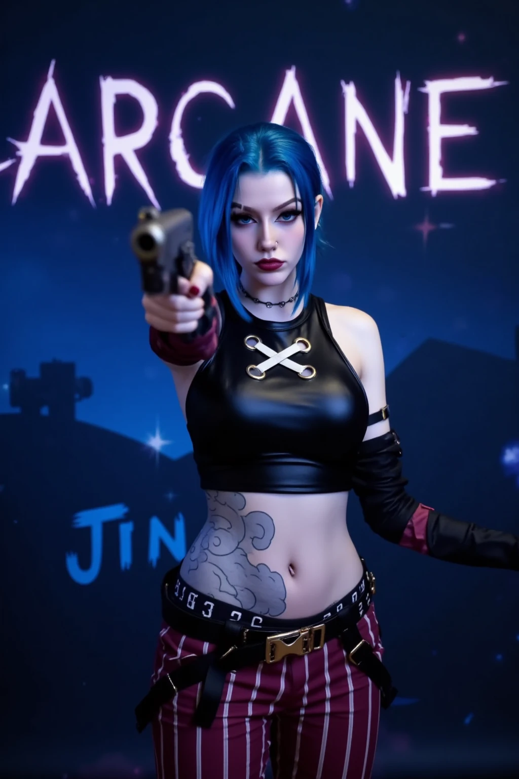 JinxA, a portrait-style photograph featuring JinxA, standing against a backdrop with the text 'ARCANE' and 'JINX' in bold, stylized glowing letters on a dark blue background. The subject is a girl with light skin and striking blue hair styled in a dramatic, swept-back fashion. She are wearing a black leather crop top with a distinctive cross design on the chest, revealing a tattoo on their abdomen. The outfit includes maroon pants with white vertical stripes and a large belt with a metallic buckle. The girl is holding a gun, pointing it towards the camera, and wearing fingerless gloves. Her makeup is bold, with dark lipstick and eye makeup that accentuates her features, 