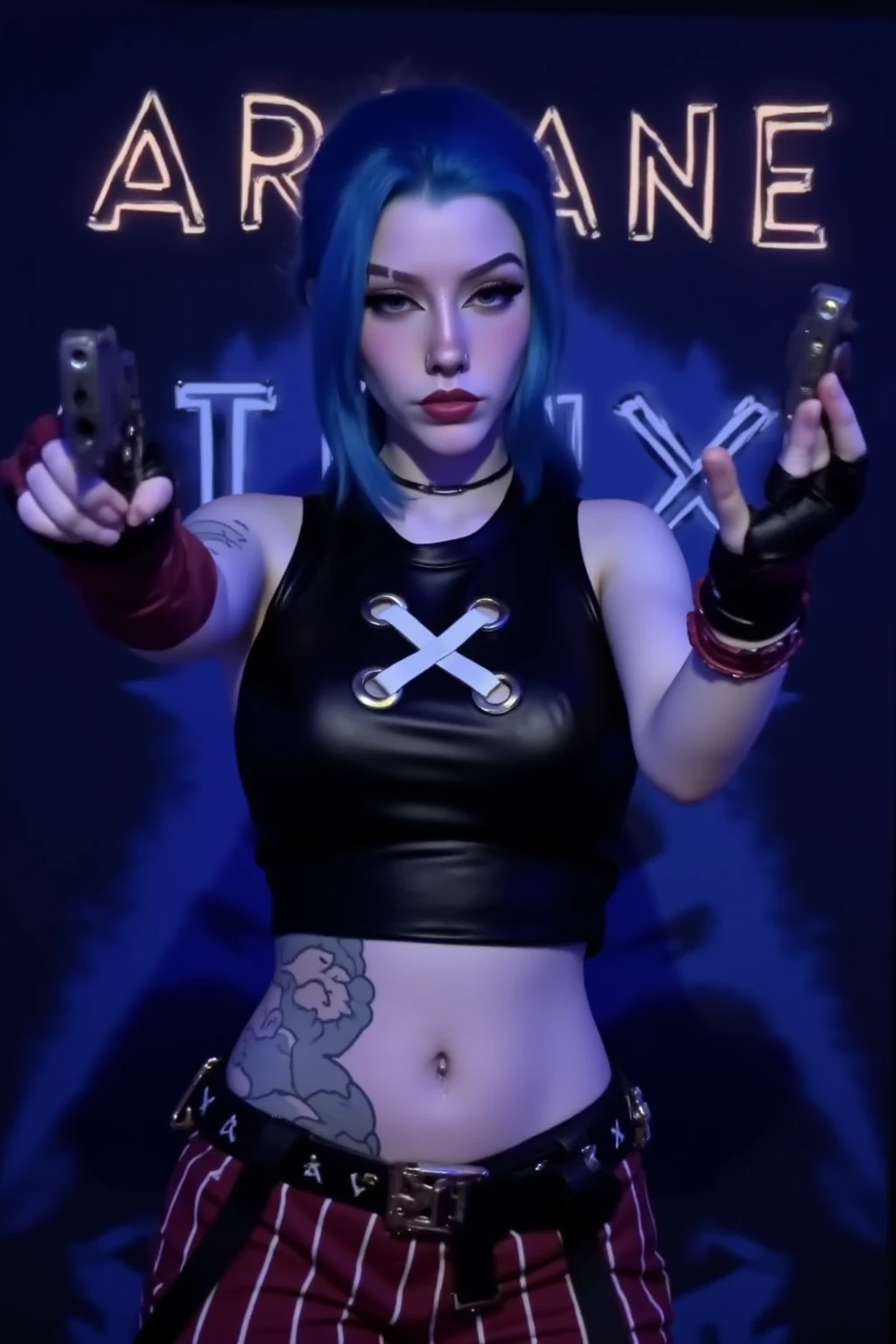 JinxA, a portrait-style photograph featuring JinxA, standing against a backdrop with the text 'ARCANE' and 'JINX' in bold, stylized glowing letters on a dark blue background. The subject is a girl with light skin and striking blue hair styled in a dramatic, swept-back fashion. She are wearing a black leather crop top with a distinctive cross design on the chest, revealing a tattoo on their abdomen. The outfit includes maroon pants with white vertical stripes and a large belt with a metallic buckle. The girl is holding a gun, pointing it towards the camera, and wearing fingerless gloves. Her makeup is bold, with dark lipstick and eye makeup that accentuates her features, 