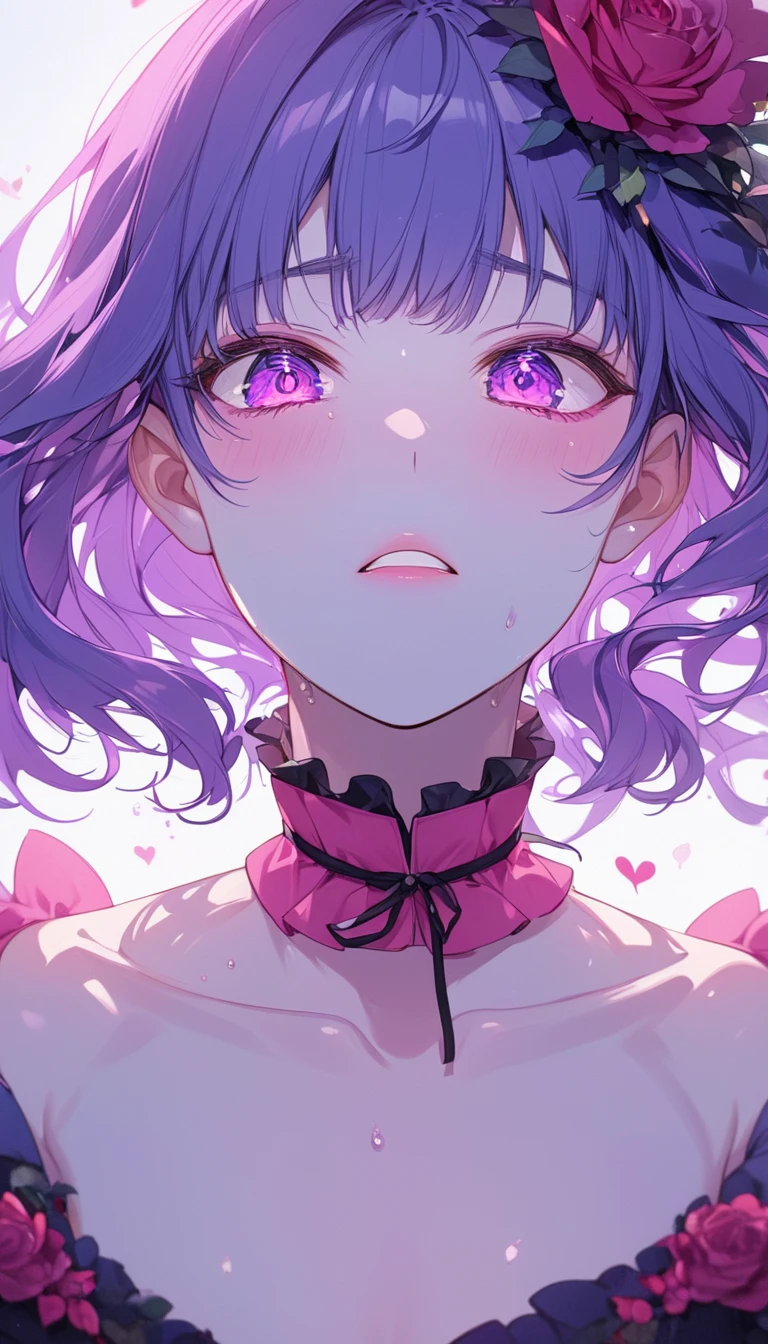 Girl purple short pigtails purple dress pink eyes tongue out sneer girl hollow eyes fleeting