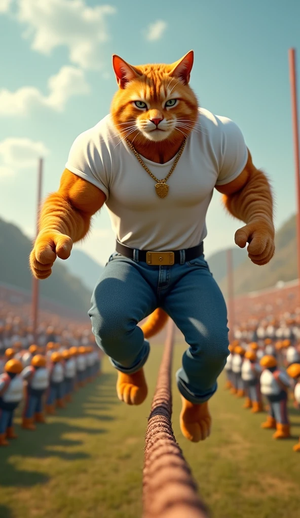 In the 'Meow Gym,' the climactic moment of the rematch is captured as the now-powerful cat bodybuilder emerges victorious over the dog bodybuilder. The cat stands triumphantly in the center of the gym, breathing heavily but with a proud smile on his face. The dog, though defeated, shows respect and admiration for his rival’s strength. The gym-goers, including the cat's supportive father and the dog’s fans, cheer and applaud the winner. The scene is filled with a sense of achievement and celebration, highlighting the cat’s hard-fought victory and the camaraderie between the two competitors.