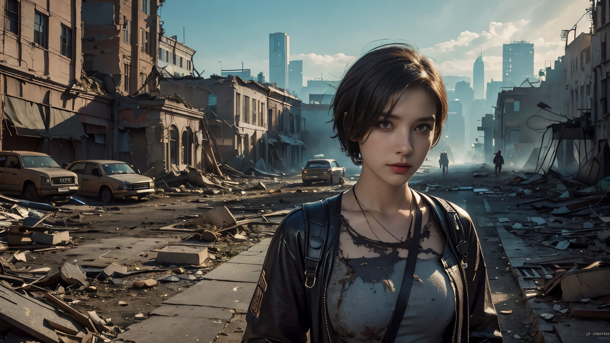 masterpiece, high resolution ,8K,(Portrait Photos:1.5),(R Original Photo),Reality,Digital Photography,(Apocalyptic ruins ),City ruins，beautiful 20 year old woman，Short hair，sentry， post-apocalyptic scene， upper body photography ， broken clothes