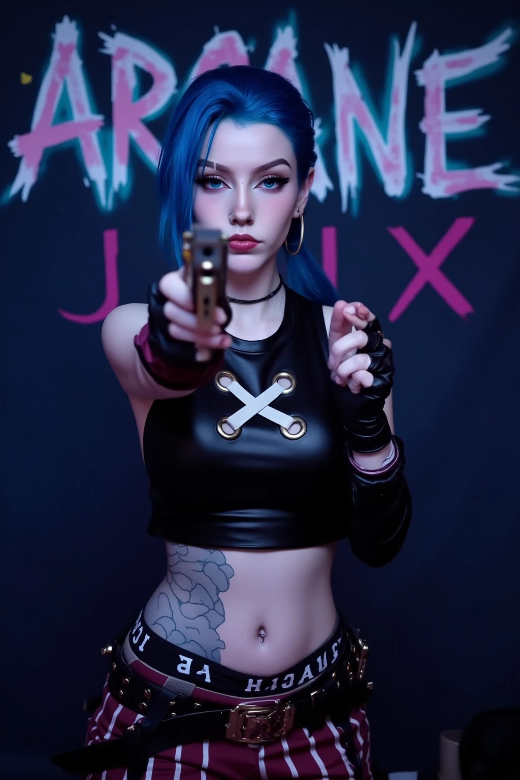 JinxA, a portrait-style photograph featuring JinxA, standing against a backdrop with the text 'ARCANE' and 'JINX' in bold, stylized glowing letters on a dark blue background. The subject is a girl with light skin and striking blue hair styled in a dramatic, swept-back fashion. She are wearing a black leather crop top with a distinctive cross design on the chest, revealing a tattoo on their abdomen. The outfit includes maroon pants with white vertical stripes and a large belt with a metallic buckle. The girl is holding a gun, pointing it towards the camera, and wearing fingerless gloves. Her makeup is bold, with dark lipstick and eye makeup that accentuates her features, 