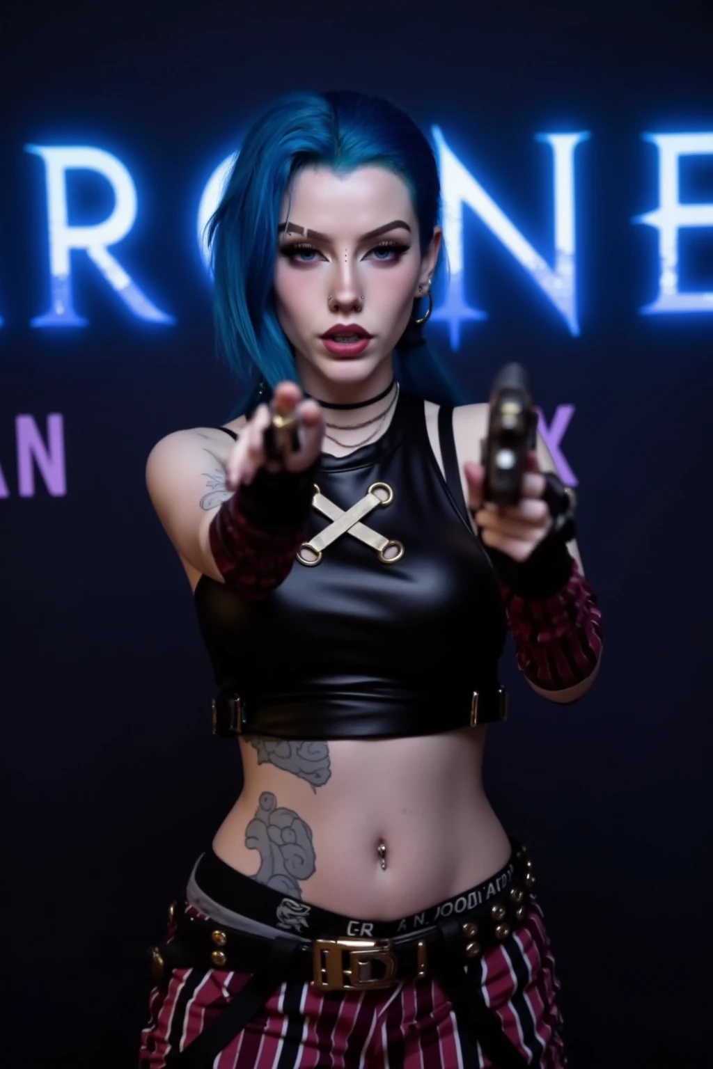 JinxA, a portrait-style photograph featuring JinxA, standing against a backdrop with the text 'ARCANE' and 'JINX' in bold, stylized glowing letters on a dark blue background. The subject is a girl with light skin and striking blue hair styled in a dramatic, swept-back fashion. She are wearing a black leather crop top with a distinctive cross design on the chest, revealing a tattoo on their abdomen. The outfit includes maroon pants with white vertical stripes and a large belt with a metallic buckle. The girl is holding a gun, pointing it towards the camera, and wearing fingerless gloves. Her makeup is bold, with dark lipstick and eye makeup that accentuates her features, 