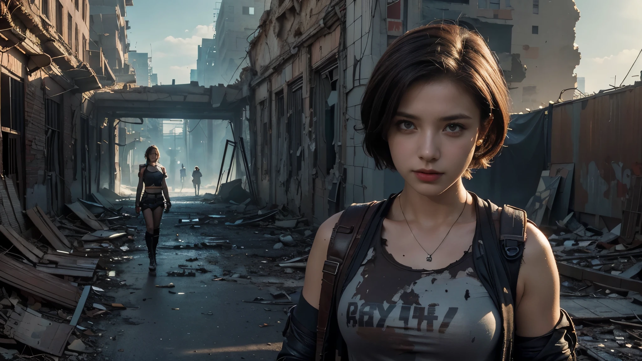 masterpiece, high resolution ,8K,(Portrait Photos:1.5),(R Original Photo),Reality,Digital Photography,(Apocalyptic ruins ),City ruins,beautiful 20 year old woman,Short hair,sentry, post-apocalyptic scene, upper body photography , broken clothes