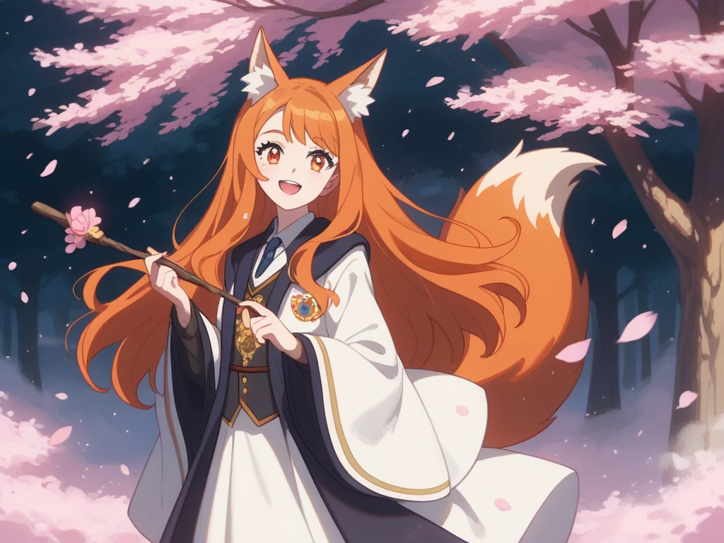  A female kitsune, wearing a white dress, wearing  a long pink elegant witch's tunic above all. a kind smile. with orange hair and golden glitter eyes. holding a thin wooden stick in her hand, from which blue sparks come out. Standing in front of an old Japanese castle with a school aesthetic with several cherry blossom trees around it, which give a beautiful and peaceful atmosphere. with a large dormant volcano in the background in the distance. Soft anime style. Harry Potter style 