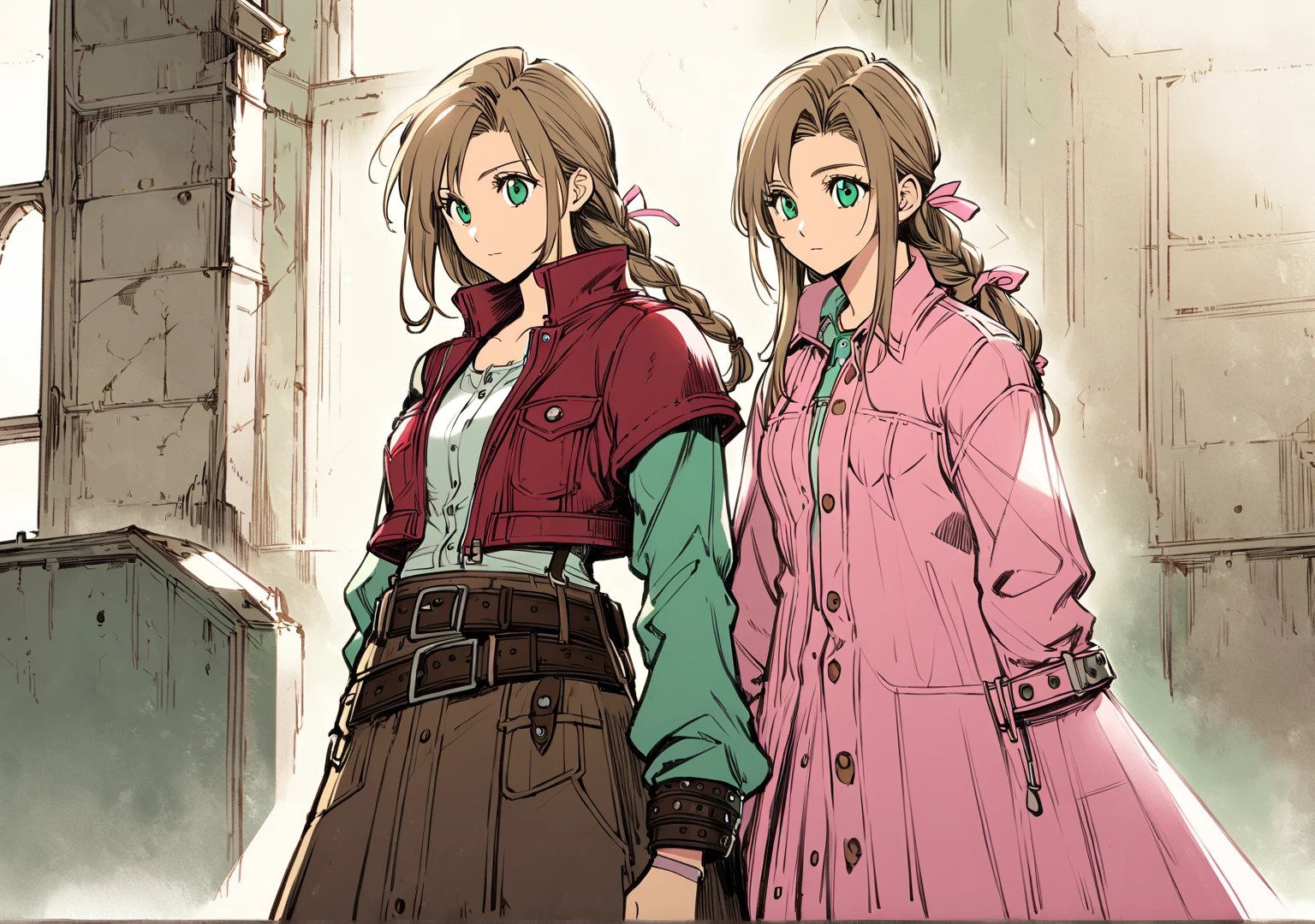 Aerith character from Final Fantasy 7 ,chicha anime,high,pretty,detallada,beautiful,light skin,  emerald green eyes and long light brown hair styled in a braid tied by a large pink ribbon at the beginning, with split bangs and curls on both sides of her face .with a medium pink dress that is buttoned at the front and a red zip-up bolero jacket, with zipper pockets and leather belts , In an abandoned church, concept art, Character Design 