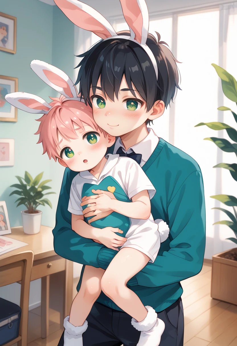 Comic style, comic anime cute boy, black hair, green eyes, slightly blushing, is a primary school boy, baby clothes, bunny suit pink, cute face, big eyes, anime drawing style, shota boy size,slim body, boy's body, gay, boys love it, man and boy, heart in pupil baby boy, small boy, arm hug holding boyfriend, baby bunny clothes, hugging boyfriend 