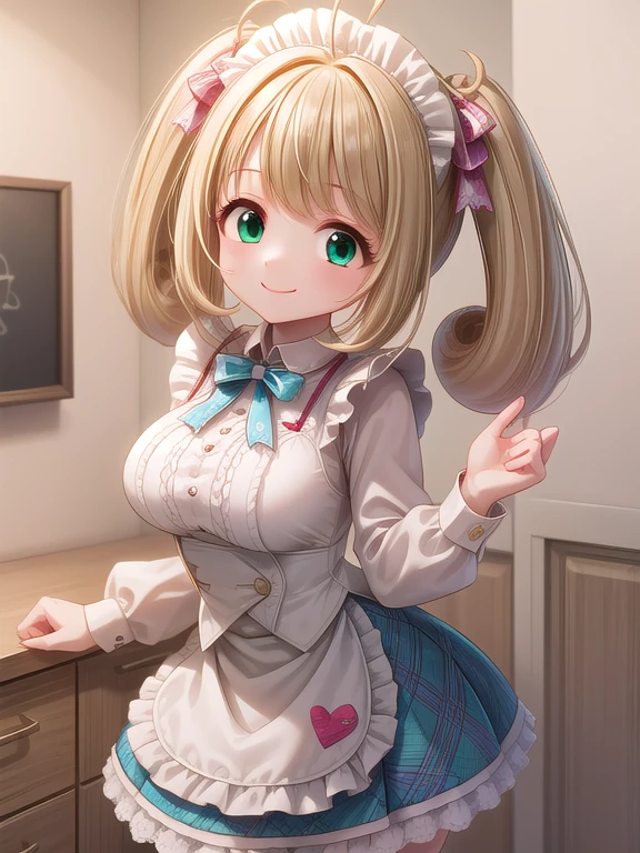 Solo Girl,20 years old,  Medium Hair , twin tail hair, blue ribbon, watch viewers, dark blond hair ,  Big Breasts , happy ,smile,Maid Costume, clevis, Mini Skirt, Long Sleeve ,indoor,Western-style house, best quality,  high definition ,  very detailed,  detailed background,  Complete,  blonde hair, Ahoge, Green Eyes,  Big Breasts ,  short twin tails