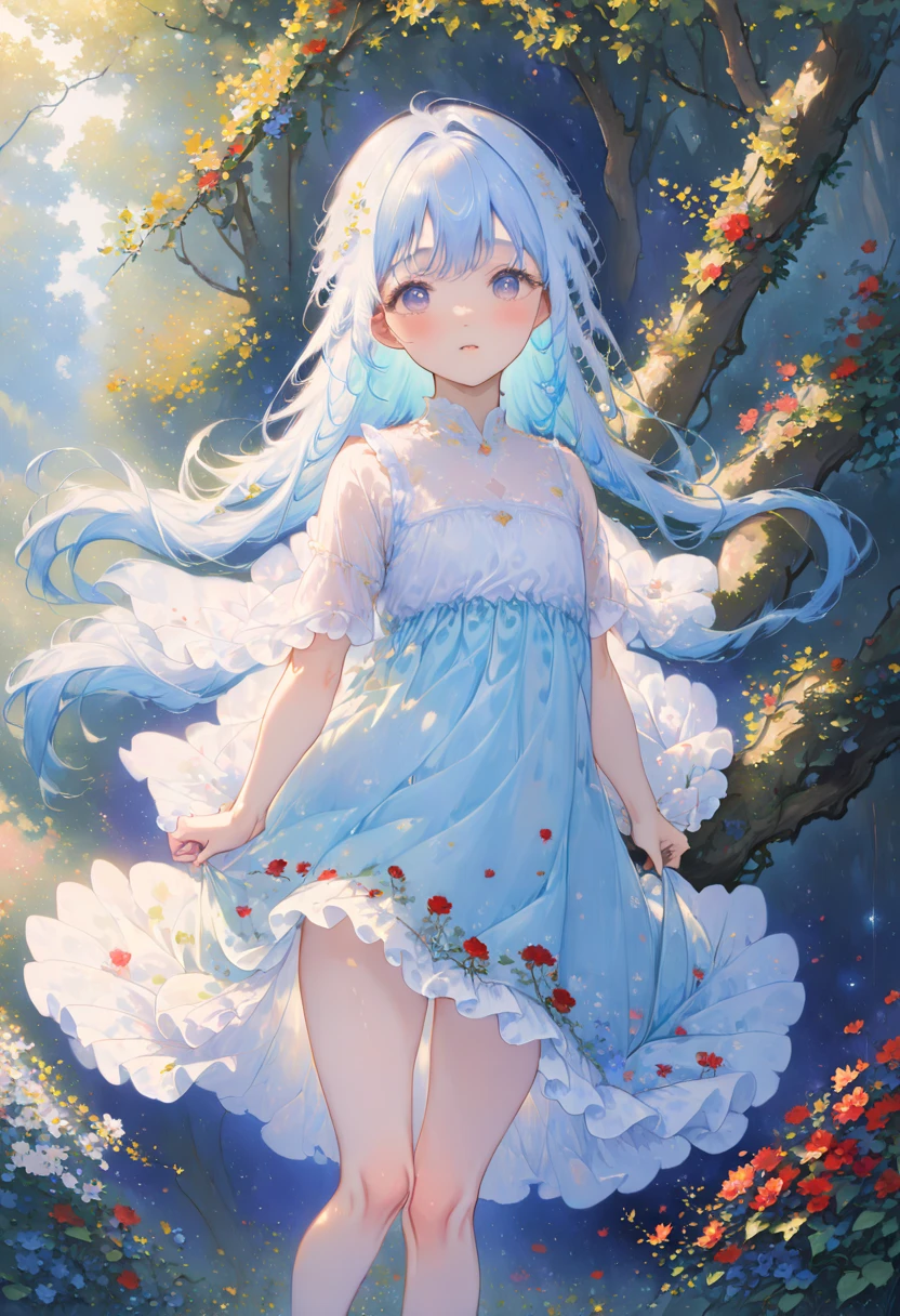 masterpiece, best quality, extremely detailed, (illustration, official art:1.1), 1 girl ,(((( light blue long hair)))), ,(((( light blue long hair)))),light blue hair, ,10 years old, long hair ((blush)) , cute face, big eyes, masterpiece, best quality,(((((a very delicate and beautiful girl))))),Amazing,beautiful detailed eyes,blunt bangs((((little delicate girl)))),tareme(true beautiful:1.2), sense of depth,dynamic angle,,,, affectionate smile, (true beautiful:1.2),(flat chest)), official art,natural lighting, soft lighting, sunlight, HDR (High Dynamic Range), Maximum Clarity And Sharpness, Multi-Layered Textures, fireflies,,happy,playing,perfect hands,perfect legs,perfect fingers,(8K, quality, tmasterpiece: 1.2), (actual, realistically: 1.37), super detailing, one-girl, wide viewing angle, Firefly Garden, Lots of little lights and fireflies flying around, natta、
