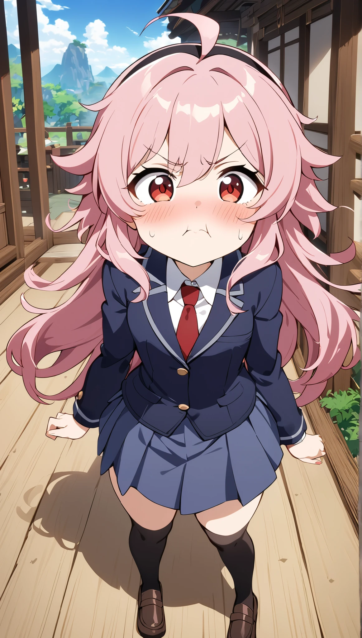 a cute angry girl, blush, puff up one's cheeks, standing, cute, round eyes, pretty, red necktie, brown shoes, girl, indigo school uniform jacket, white school uniform shirt, floating hair, indigo school uniform skirt, very messy hair, ahoge, pink hair, spiked hair, long hair, red eyes, black hairband, 1girl, full black stocking, best quality, amazing quality, very aesthetic, highres, incredibly absurd, masterpiece, japanese anime, genshin art style,