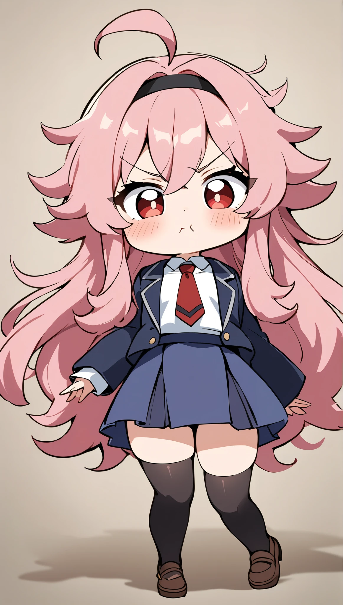 a cute angry girl, blush, puff up one's cheeks, standing, cute, round eyes, pretty, red necktie, brown shoes, girl, indigo school uniform jacket, white school uniform shirt, floating hair, indigo school uniform skirt, very messy hair, ahoge, pink hair, spiked hair, long hair, red eyes, black hairband, 1girl, full black stocking, best quality, amazing quality, very aesthetic, highres, incredibly absurd, masterpiece, japanese anime, genshin art style,
