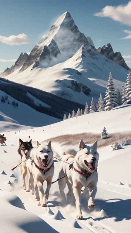  A dog sled with a sleigh rushes across the snowy plain, nine dogs , mountain background,  cloud peaks , strong wind, Drawing with a marker, fantasy art,  ultradetail ,  double exposure ,  3D image ,  diamond dust ,  snow flickering 
