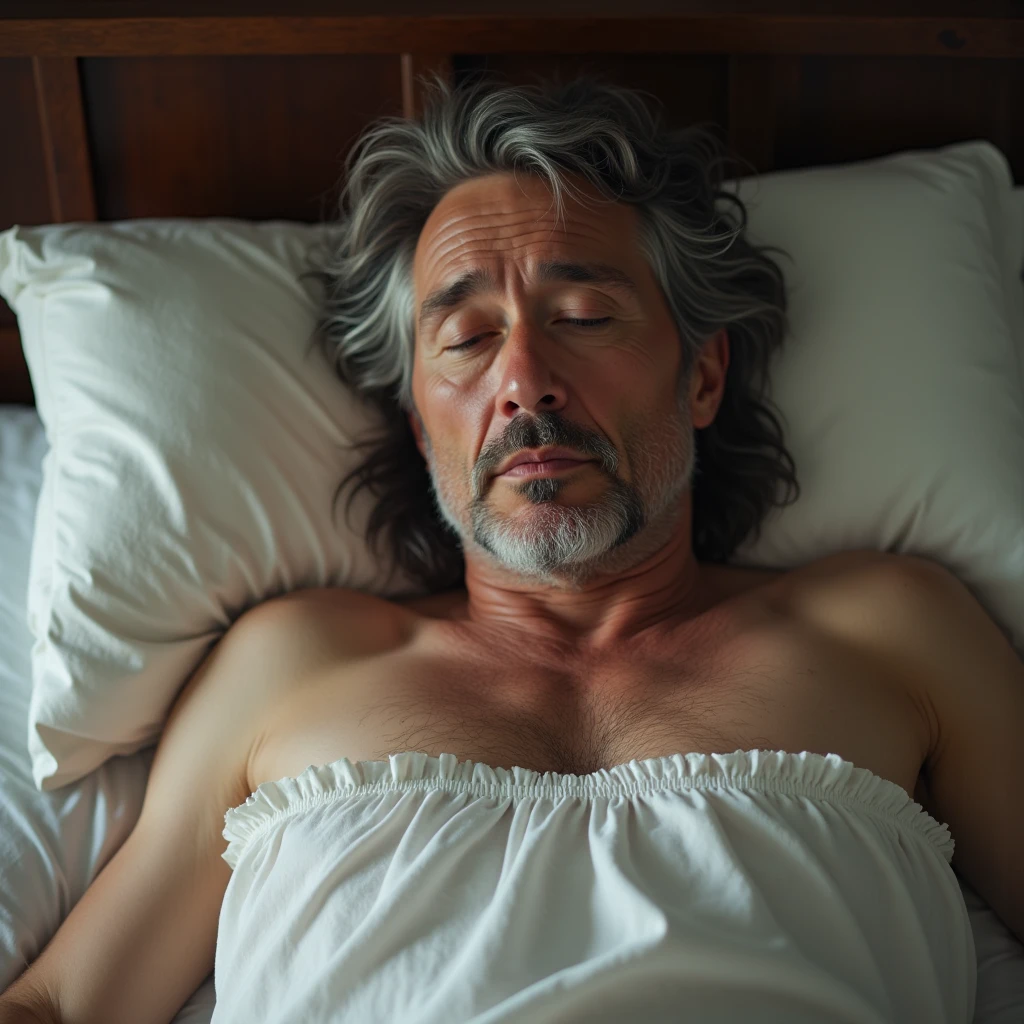 illustrates a 60 year old king bare-chested sleeping in his bed (white blanket and raised his arms)