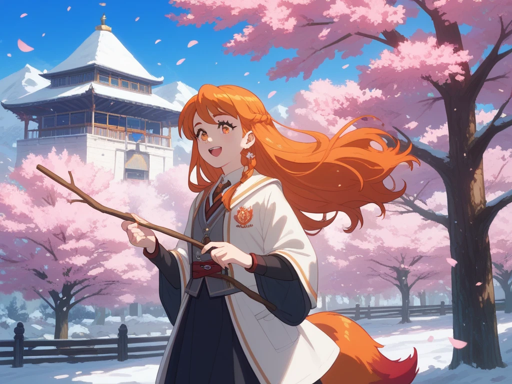  A female kitsune, wearing a white dress, wearing  a long pink elegant witch's tunic above all. a kind smile. with orange hair and golden glitter eyes. holding a thin wooden stick in her hand, from which blue sparks come out. Standing in front of an old Japanese castle with a school aesthetic with several cherry blossom trees around it, which give a beautiful and peaceful atmosphere. with a large and distant snowy mountain in the background. Soft anime style. Harry Potter style 