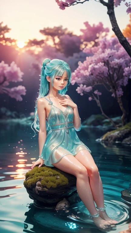 🤔  High-quality conceptual hyperrealistic HDR macro photography of a tree branch with drops of clear water in the form of a chibi figurine. Hands, legs, hair.  The figure has a soft , wet ,  bubble and bioluminescent texture .  She is sitting on a branch admiring a beautiful sunset in the distance 