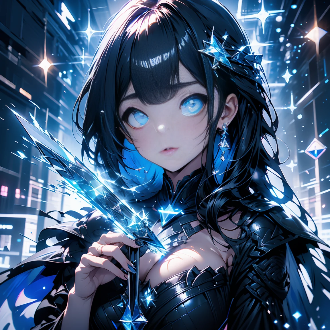 （ Luxurious Design 、High image quality、 black background、blue tone 、 face up） girl、 big explosion in background 、Black Hair、 medium hair、Up Bang、Holding a shard of flat glass、Brittle、 Glassy Eyes、Sparkling Eyes 、Black clothing、 dress