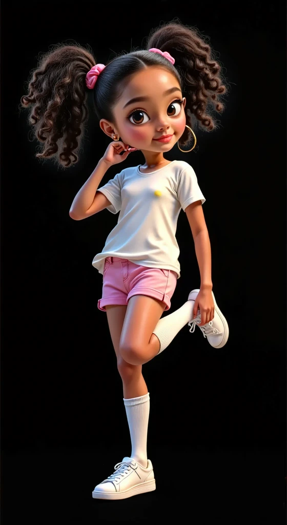 Inspired by the characters, posters and 3D movies from Disney Pixar create the image of a , age>6, 6 anos de idade, girl wearing a white t-shirt, very short pink shorts, white socks up to her knees, white sneakers. She has curly black hair tied in two ponytails. She has light brown skin. She is beautiful and sensual. She does a dance step where she puts her hand on one of her feet. The background is all black for cutting in png.