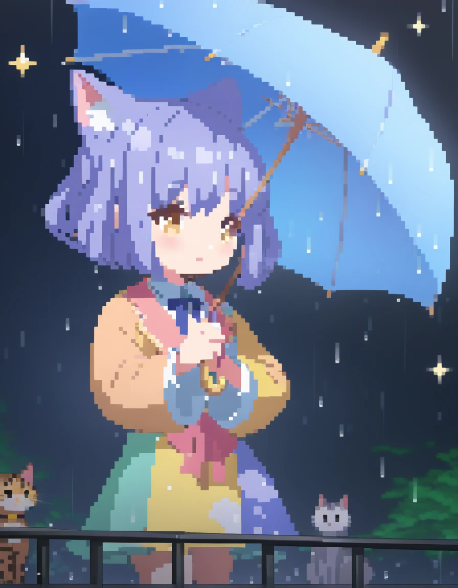 (最 High Quality , 4K,  Attention to Details ,  High Quality :1.2),  super high resolution, (retina:1.1),  movie lighting, It rains, Give the cat an umbrella,  1 girl , Sparkle, cute,  illustration style 