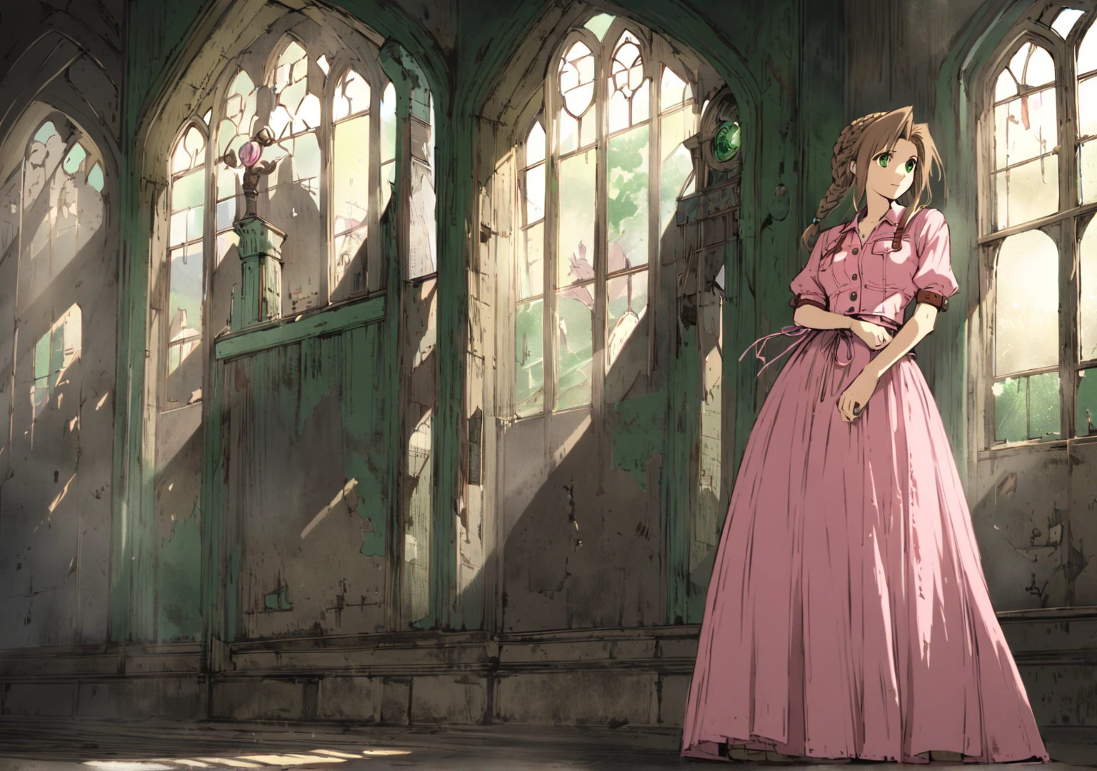 Aerith character from Final Fantasy 7 , anime girl image,AltaAdulta ,pretty,detallada,beautiful,light skin,  emerald green eyes and long light brown hair styled in a braid tied by a large pink ribbon at the beginning, with split bangs and curls on both sides of her face . wearing a medium pink dress that buttoned at the front and a red bolero jacket, In an abandoned church, concept art, Character Design ,watching the spectator, casual standing pose, full body