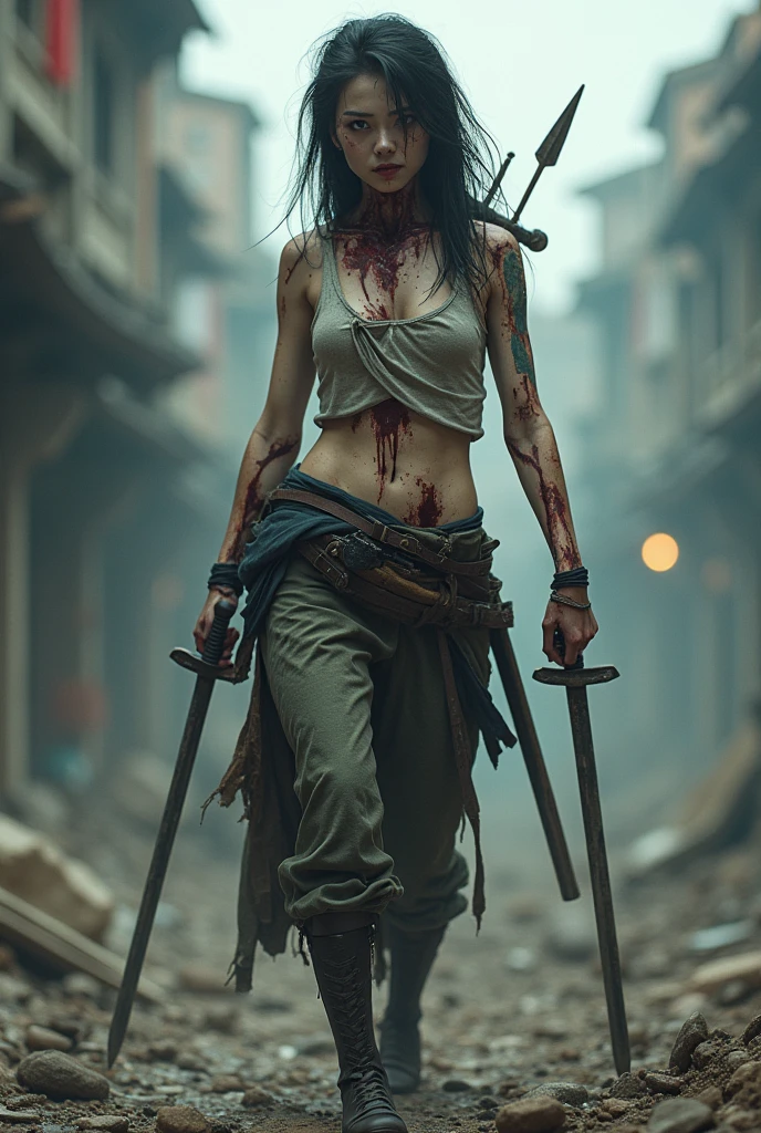 full body display、Age 19、 Japanese、 pretty girl、zombie woman 、 Shortcut、Pale face、Bloodshot eyes、 with swords and arrows stuck in her body、 tattered clothes、Holding a sword in both hands in a combative pose、 is in a ruined city 、