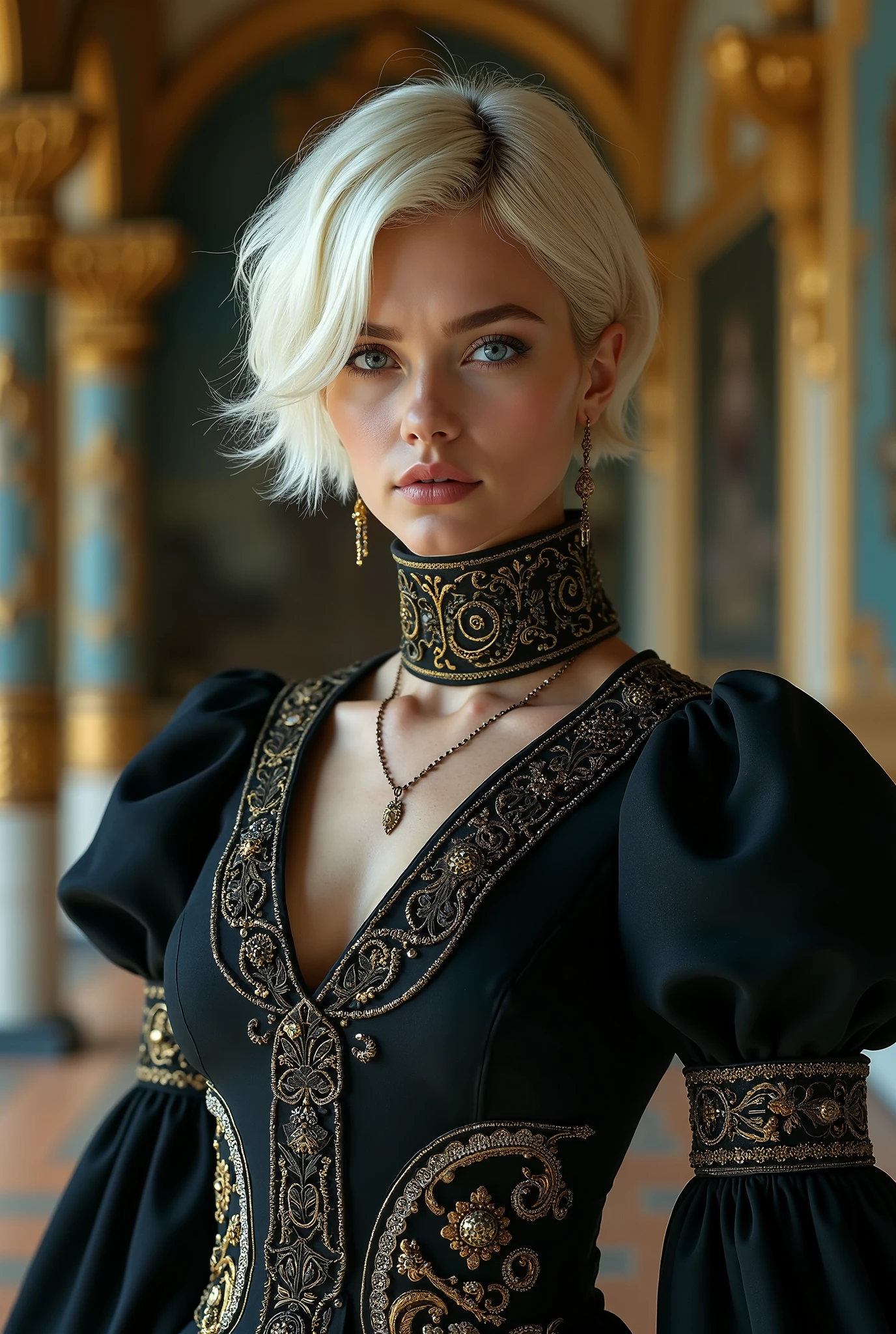 Blond woman in a black dress with gold embroidery and a choke - SeaArt AI