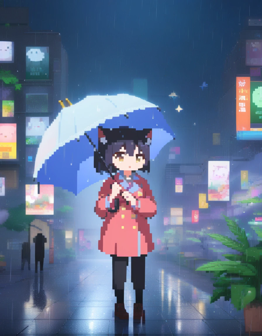 (最 High Quality , 4K,  Attention to Details ,  High Quality :1.2),  super high resolution, (retina:1.1),  movie lighting, It rains, Give the cat an umbrella,  1 girl , Sparkle, cute,  illustration style 