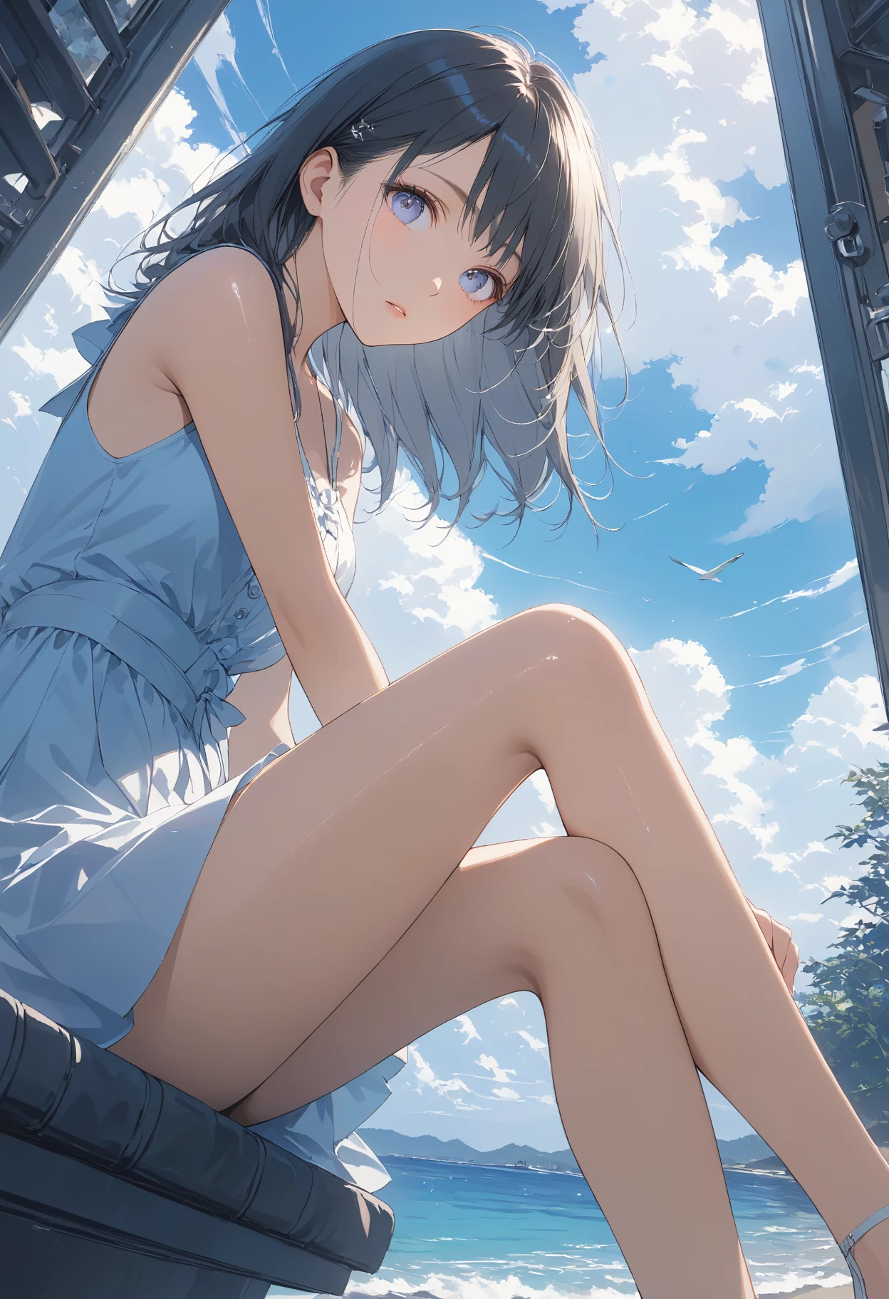 Masterpiece, high quality, high resolution, 16K, super detailed background, Makoto Shinkai illustration, ultra realistic, digital painting, famous movie scene, one woman, long eyelashes, beautiful skin, clean legs, cinematic angle