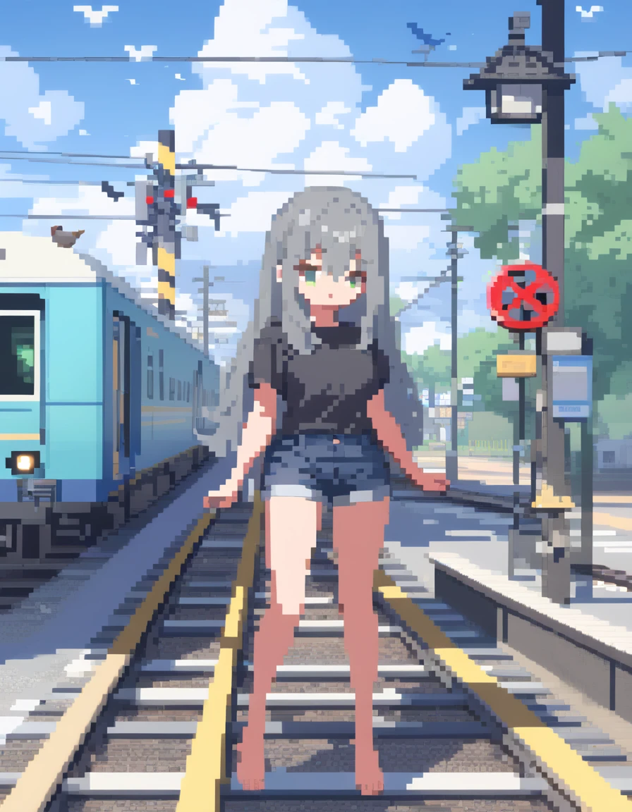   Masterpiece ,  exquisite details , best quality,handrail, cloud,Power lines, viewers, Electric pole, bangs, cloudy zero, , bird, Green Eyes, Shorts, animal, day,  black shirt , barefoot,train,Railroad crossing,whale, Long Hair