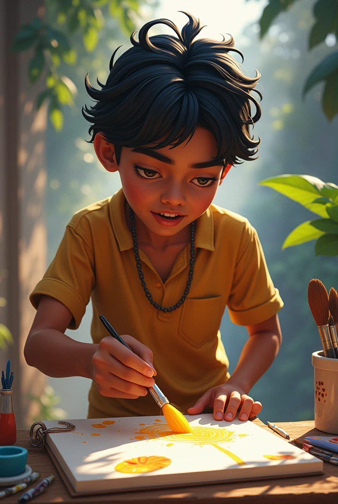 Aniruddh’s Workshop: A close-up of Aniruddh, a young boy in a white kurta and pajama, sitting outside his house on a wooden stool, working on a partially completed painting on a wooden easel.