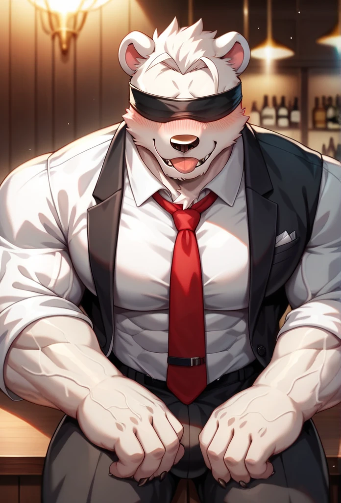 ((Best quality, masterpiece, detailed anatomy, detailed eyes, detailed hands, perfect lighting, perfect shading.)), by Bebebebebe, by K0bit0wani, by Zackary911, 1Male, solo, low-angle view, looking at viewer, smirking, Pitbull, white furs, dark blue eyes, big muscular body, adult body, unbuttoned shirt, unzipped pants, presenting penis, canine penis, knot, lifting sunglasses looking at viewer, In front of the night club entrance