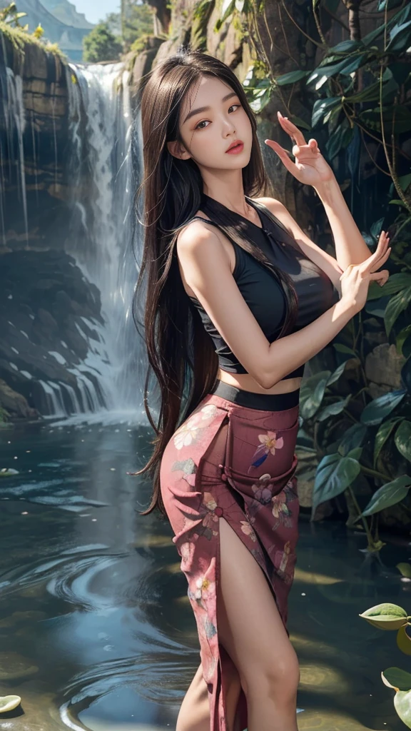 8k, masterpiece, 1 girl, beautiful face, ((very long hair)), glossy makeup, closed mouth, (glossy skin:1.5), detailed eyes, detailed lips, push up breasts, black short sleeveless shirt, ultra light vest, ((thin floral Myanmar long skirt)), ((floral skirt)), ((bare thigh)), straps clothing, (waterfall:1.5), water:1.4, steam effect, water vapor, One hand (holding with Clay water pot), adult pose,half body pose 