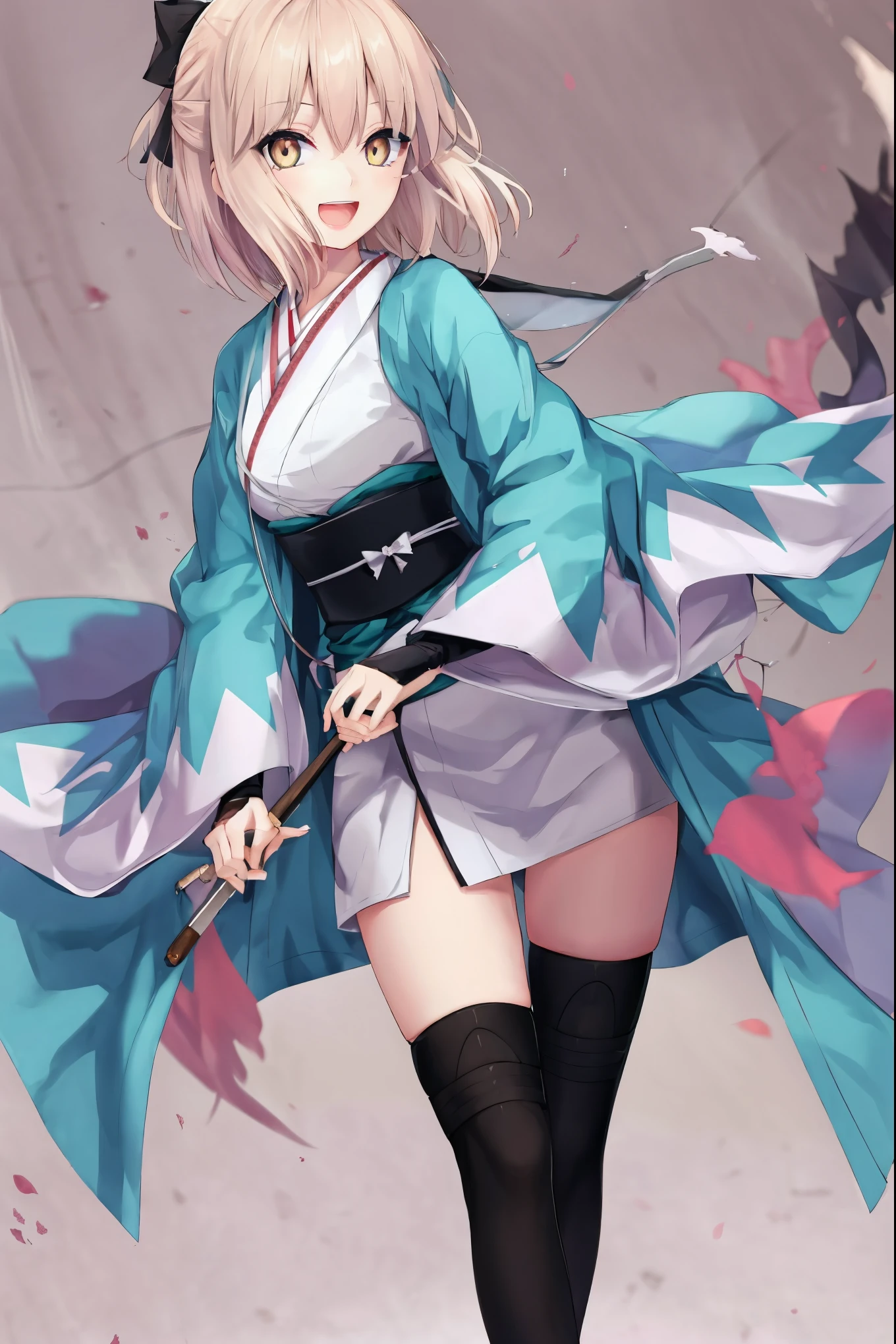 masterpiece, best quality, integrated scenery, integrated background, extremely delicate and beautiful, meticulous details, good composition, , cute face, perfect face, perfect hands, , best quality,extremely detailed CG unity 8k wallpaper,
1girl,okita souji \(fate\), white_nosleeves_short_kimono,
 smile,open_mouth,dynamic_standing,happy,gold_half_eyes, thigh-highs,