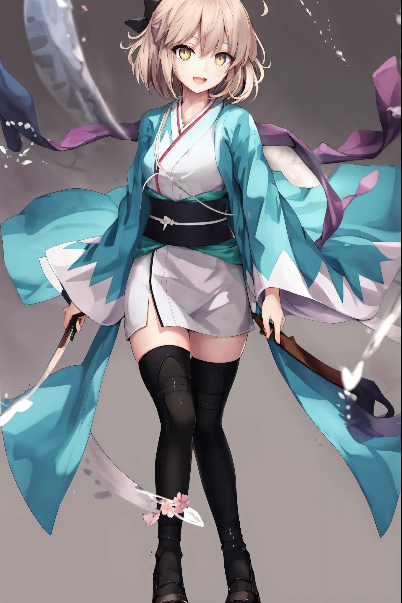 masterpiece, best quality, integrated scenery, integrated background, extremely delicate and beautiful, meticulous details, good composition, , cute face, perfect face, perfect hands, , best quality,extremely detailed CG unity 8k wallpaper,
1girl,okita souji \(fate\), white_nosleeves_short_kimono,
 smile,open_mouth,dynamic_standing,happy,gold_half_eyes, thigh-highs,