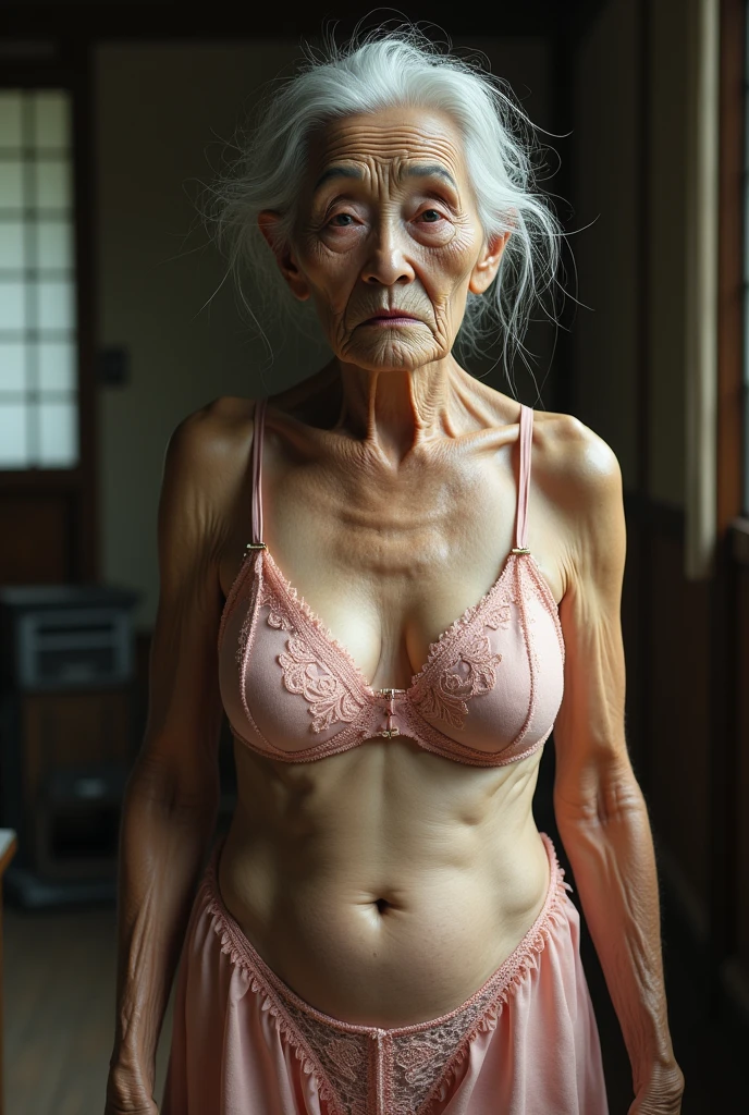 Korean skinny grandmother in bra and pantys