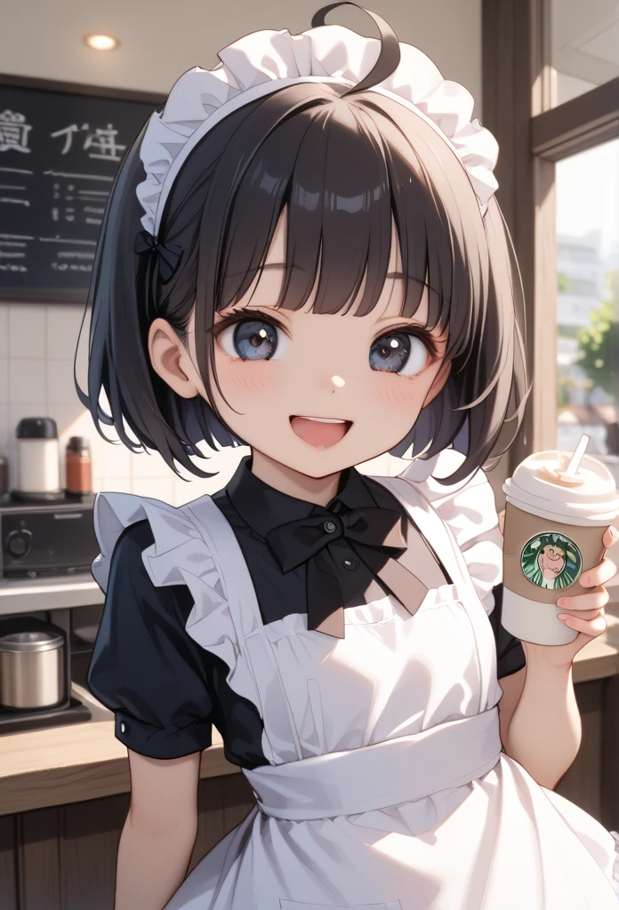 Inside the coffee shop、black maid dress、 Maid Apron 、 laughing, white headdress、 anime style,  high definition ,  textured skin,  Close Your Eyes 、smile、 out of your belly button、 1 girl ,  big eyes、 Shortcut,  black hair, Ahoge, NSFW、 female 