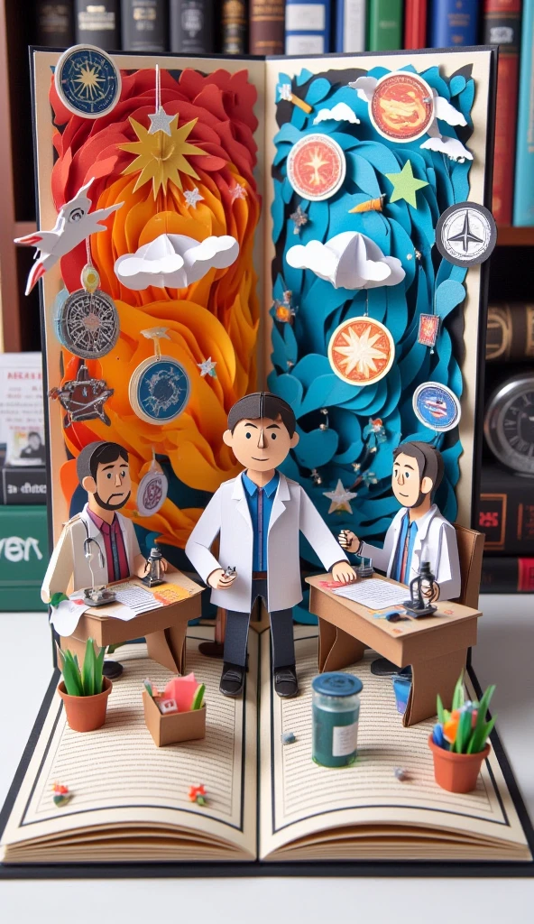 An origami-style illustration depicting the contrast between pseudoscience and true science. On one side, a person is surrounded by floating symbols of pseudoscience, such as zodiac signs, crystal balls, and conspiracy diagrams, all colored in vibrant and chaotic patterns. On the other side, a scientist in a lab coat works at a desk with origami test tubes, microscopes, and books, symbolizing critical thinking and the scientific method. The background transitions from chaotic, colorful swirls representing misinformation to a structured, calm grid representing logical thought. The scene captures the struggle between unverified beliefs and scientific reasoning, with a subtle emphasis on education and the pursuit of knowledge.