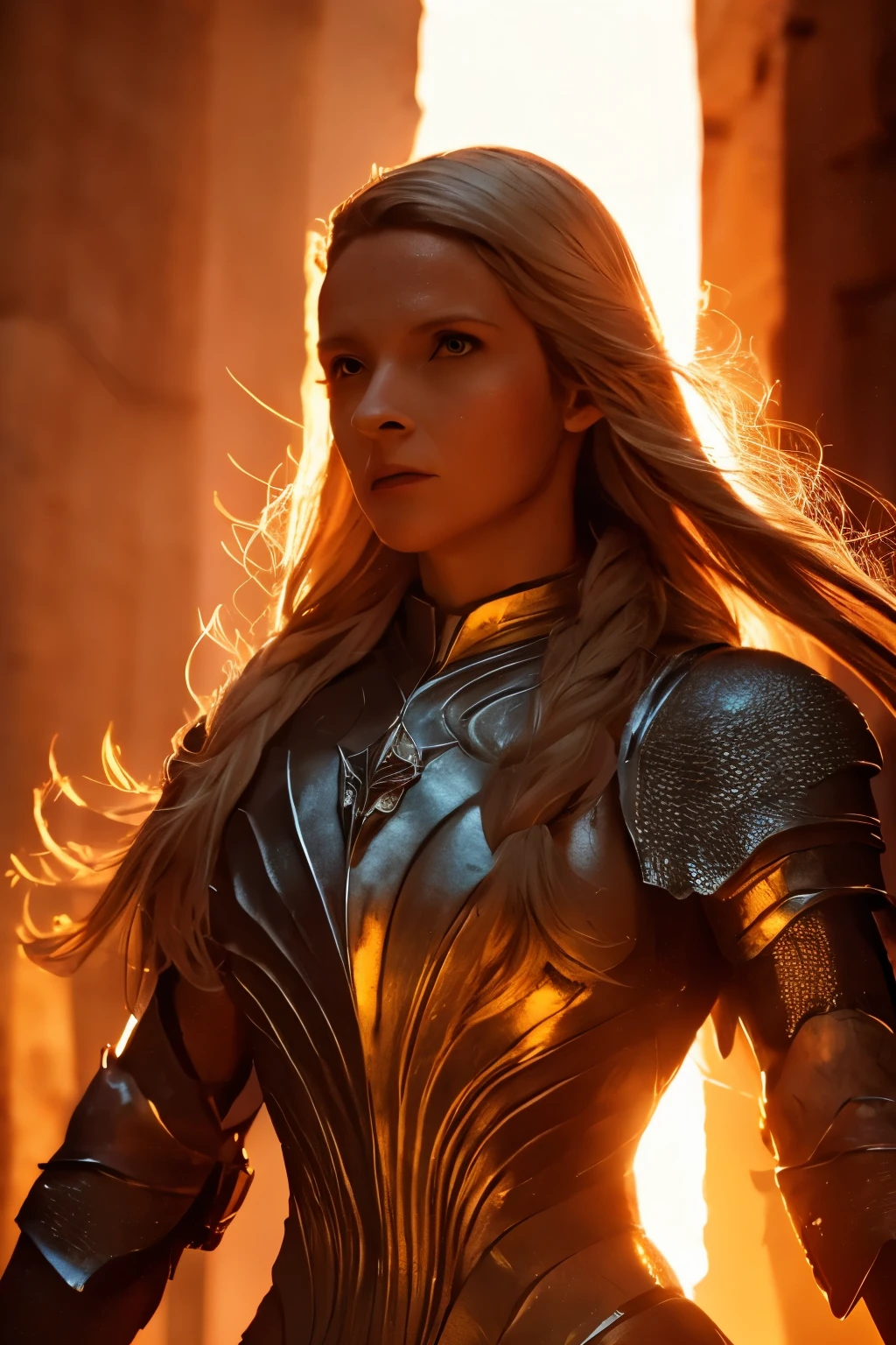 Galadriel, inspired by the series "The Rings of Power", (((L4L4 face))),  in a majestic pose at the center of the scene ,  wearing shimmering armor and elven details,  with its blond hair flowing under a golden light .  The background shows an epic landscape of golden Middle Earth ,  with distant mountains ,  dramatic sky and beams of heavenly light .  Determined expression and intense gaze ,  capturing your strength and wisdom .  Hyper-realistic details on the face and hands ,  metal texture of the highly detailed armor ,  skin illuminated with perfection ,  cinematic atmosphere , epic and glorious . natural light, 35mm photograph, film, professional, 4K, highly detailed, Golden hour lighting. Depth of field F2. Rule of Thirds Composition.
