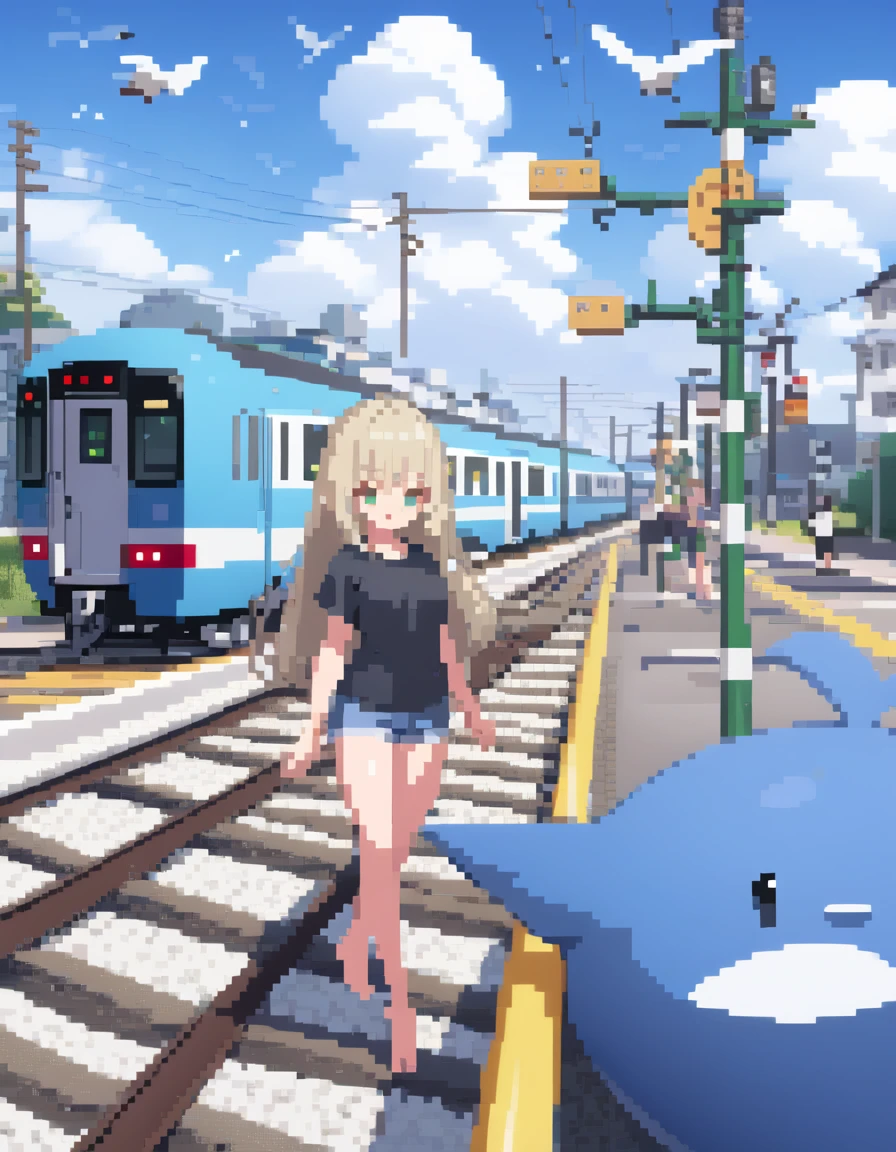   Masterpiece ,  exquisite details , best quality,handrail, cloud,Power lines, viewers, Electric pole, bangs, cloudy zero,Flying Whale , bird, Green Eyes, Shorts, animal, day,  black shirt , barefoot,train,Railroad crossing, Long Hair,Light and Dark,Flying Whale