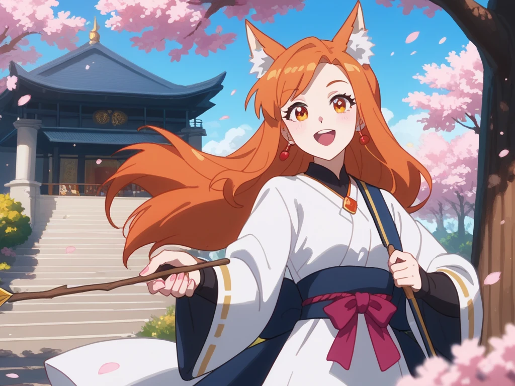  A female kitsune, wearing a white dress, wearing  a long pink elegant witch's tunic above all. a kind smile. with orange hair and golden glitter eyes. holding a thin wooden stick in her hand, from which blue sparks come out. Standing in front of an old Japanese castle with a school aesthetic with several cherry blossom trees around it, which give a beautiful and peaceful atmosphere. Soft anime style. Harry Potter style 