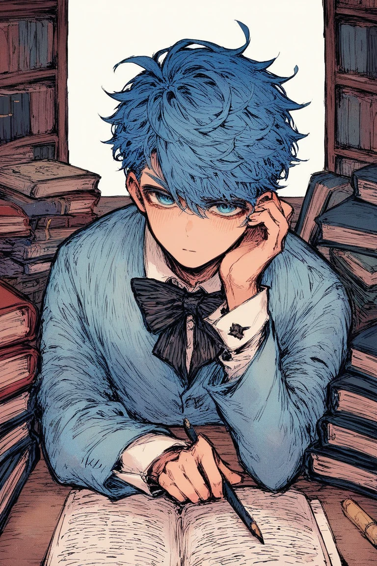 Black souls style, 1boy, short sleek blue hair, wearing formal writer’s clothing, always holding a pen, very intelligent and serious, with piercing blue eyes, in a luxurious library or study setting, surrounded by books and a grand desk