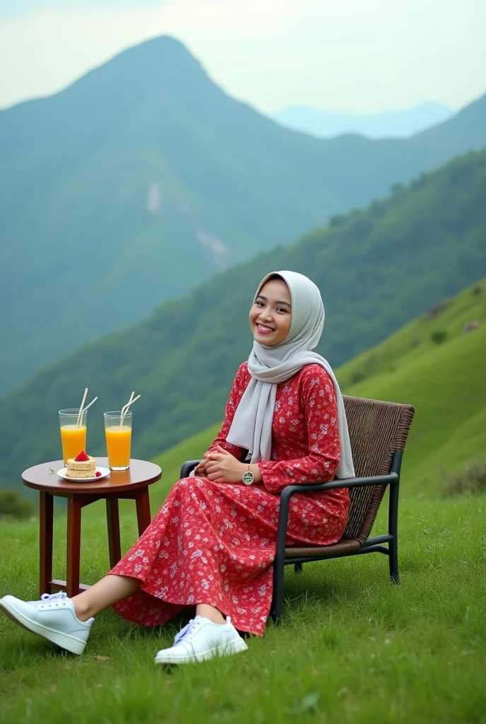 Beautiful Indonesian girl, , white skinned, well-groomed face, wearing a hijab, wearing a denim jacket, jeans and sneakers. the face should be clear. the woman was sitting on a beautiful iron chair. on a beautiful and wide beach. Background of rice fields and mountains. You can see the beautiful and wide sea. Around the woman's neck is a NIKON D850 camera. There are beautiful flowers on the beach. the woman is holding a chocolate coffee. Beautiful panorama during the day. photography. original photo.8K HD.