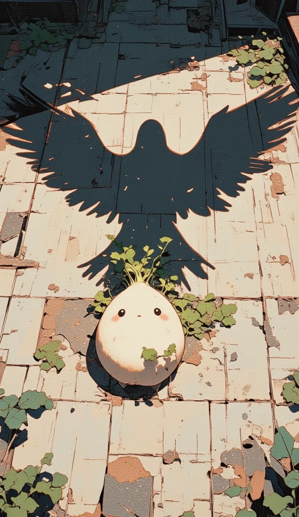 a small daikon on an empty ground being covered entirely by a giant flying bird's shadow. around the area, there is no other shadows aside of the bird's giant shadow. the camera is top-down view, with an extreme wide shot on the daikon to capture the shadow of the bird. the daikon has a cute cartoony face, where it looks at the viewer, it is feeling scared. 