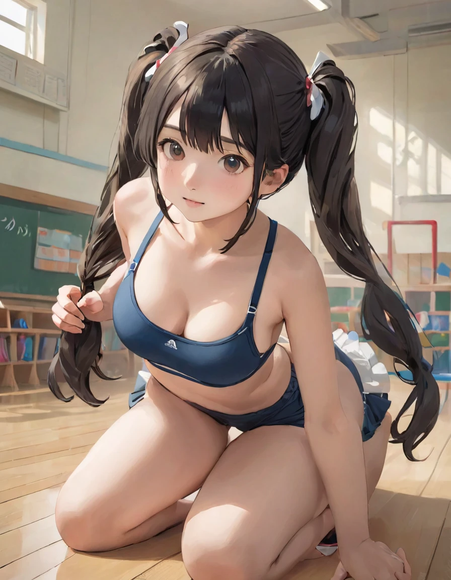 hight resolution, top-quality,  ultra-quality, The ultra-detailliert, lighting like a movie、school classrooms、white swimwear、Sheer nipples  、Sheer crotch、anguished expression、open one's legs、spread legswide、school classrooms、