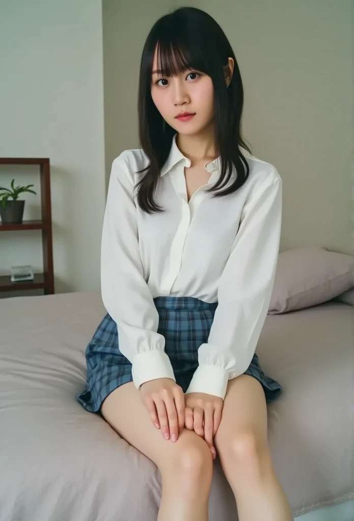 32K,    best quality,   Masterpiece ,  realistic ,    super detailed,      Unvolume ,   It's high definition   , Alone、 (barefeet、   white blouse  、   blue plaid pleated skirt)、( feet:1.3)、((The upper body is wearing a uniform))、(((((   staring at the camera  )))))、(((whole body)))、((( thigh)))、bedroom、   on the bed、   sitting、((   focus on the crotch  )),   real skin texture,
   nudes,

