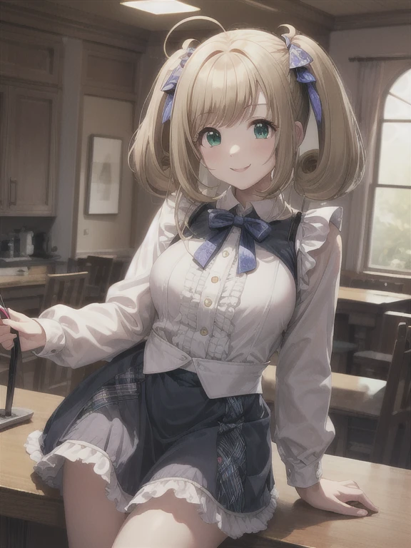 Solo Girl,20 years old,  Medium Hair , twin tail hair, blue ribbon, watch viewers, dark blond hair ,  Big Breasts , happy ,smile,Maid Costume, clevis, Mini Skirt, Long Sleeve ,indoor,Western-style house, best quality,  high definition ,  very detailed,  detailed background,  Complete,  blonde hair, Ahoge, Green Eyes,  Big Breasts ,  short twin tails