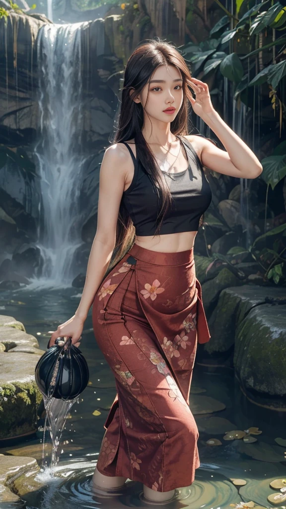 8k, masterpiece, 1 girl, beautiful face, ((very long hair)), glossy makeup, closed mouth, (glossy skin:1.5), detailed eyes, detailed lips, push up breasts, black short sleeveless shirt, ultra light vest, ((thin floral Myanmar long skirt)), ((floral skirt)), ((bare thigh)), straps clothing, (waterfall:1.5), water:1.4, steam effect, water vapor, One hand (holding with Clay water carrying pot), adult pose,half body pose 