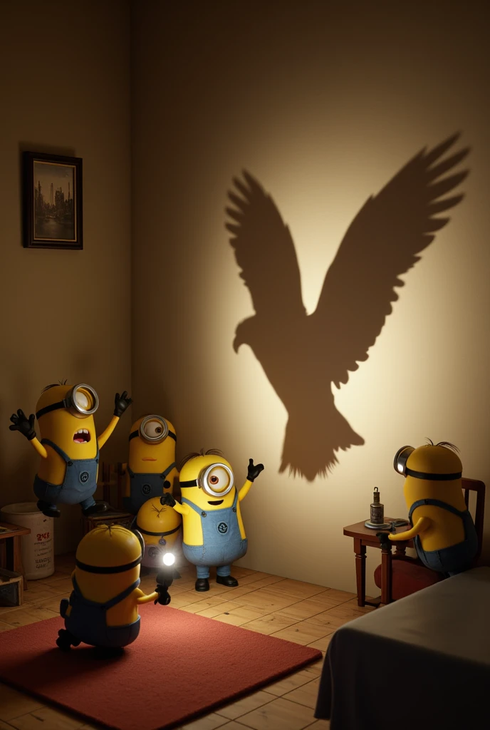 3d image of a minion placing his hands in front of the light of a flashlight on the table in the corner of a room and projecting the shadow of an eagle reflected on the wall in the other corner of the room, Are there several other Minions who get scared looking at the shadow on the wall and jumping off the floor 