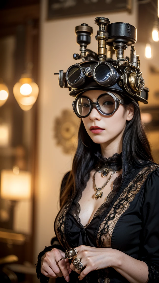 (steampunk),close up, 1girl, lady in the hat and round steel gear, sunglasses, victorian dress, deep_cleavage, shiny skin, ((steampunk)), cinematography, crafted, elegant, meticulous, magnificent, maximum details, extremely hyper aesthetic, intricately detailed, Hippie Glasses Retro Round Metal